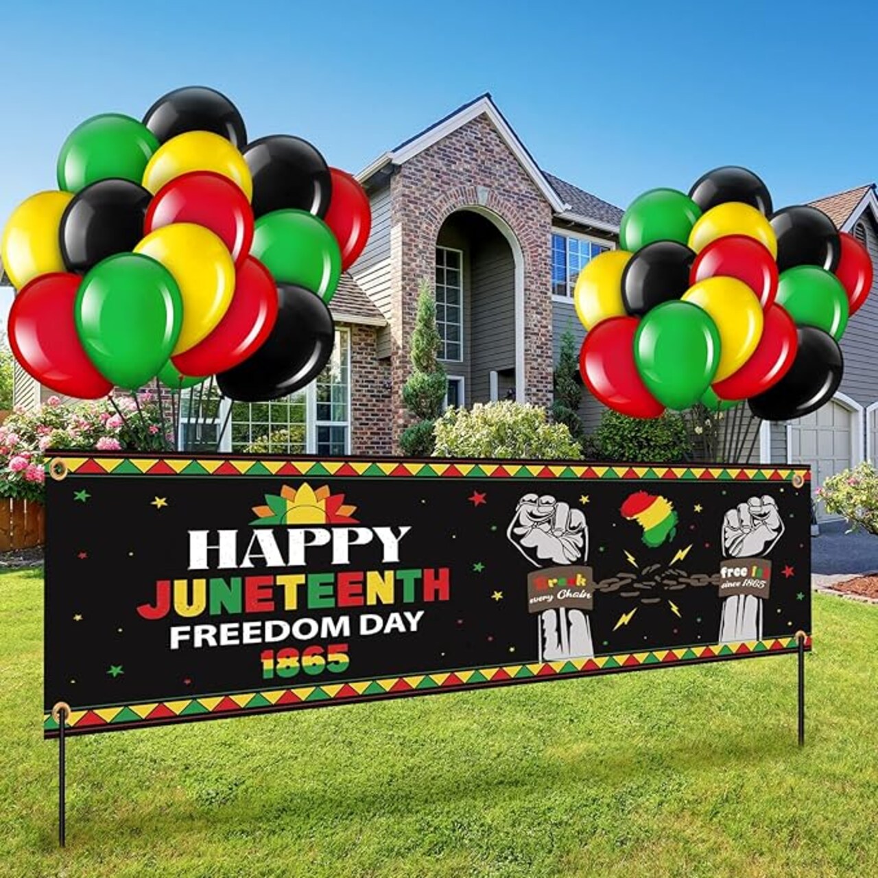 41PCS Happy Juneteenth Decorations Set – Large 70.8” Fabric Banner + 40 Latex Balloons (Red Black Green Yellow) Outdoor Yard Sign Porch Backdrop – African American Freedom Day Black History Party Supplies